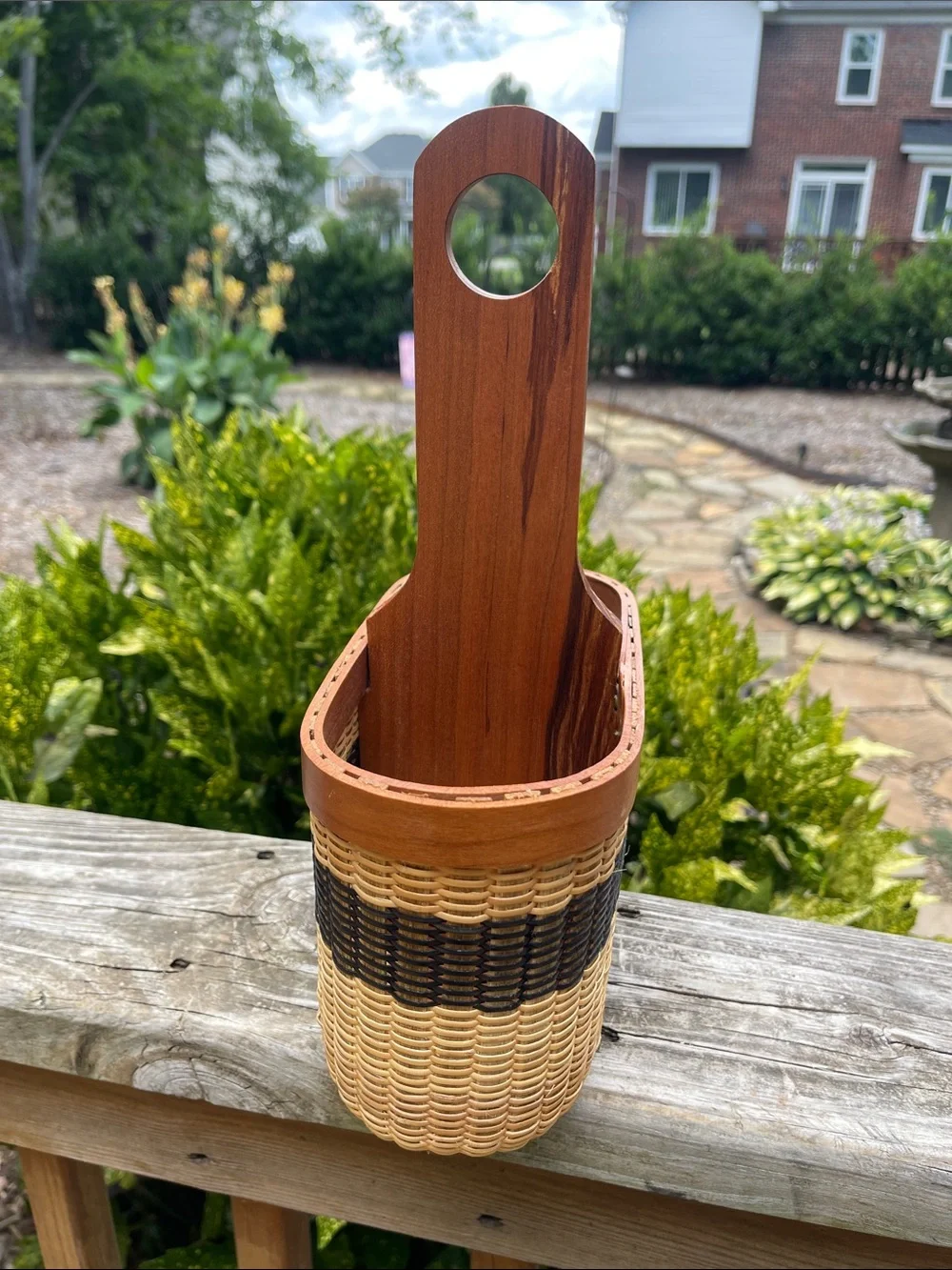 Vintage Woven Divided Basket with Wood Handle